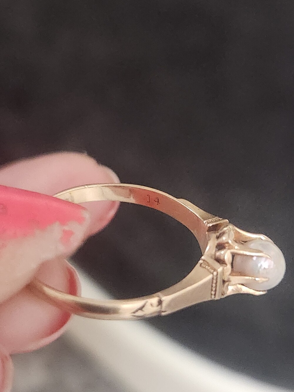 Antique 14k ylw gold Edwardian 6-prong buttercup setting natural pearl ring - Picture 5 of 16